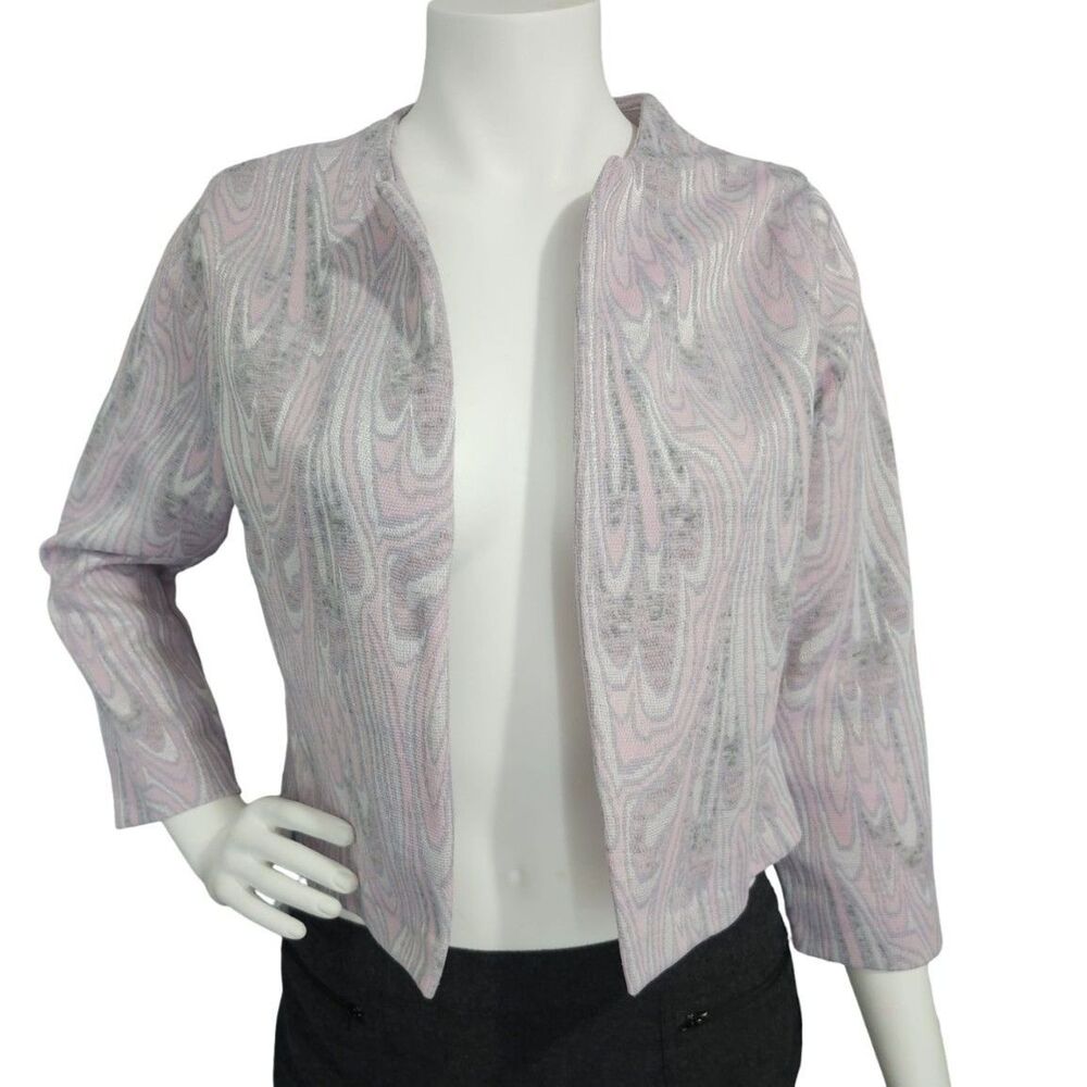 Vintage Metallic Swirl Cropped Blazer Open Front Jacket Pink Silver